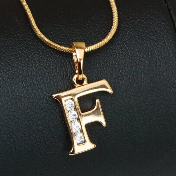 "Rose Gold Letter F Pendant with Crystals – 18K Gold Plated Charm, XPPT1355 - Picture 1 of 13